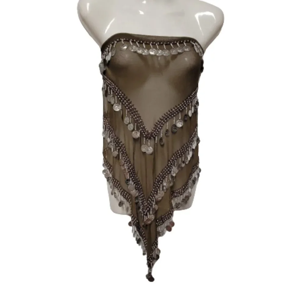 Brown Bellydance Hip Scarf 4 Rows of Coin Tassels Long and Wide Wrap Scarf - Picture 2 of 4